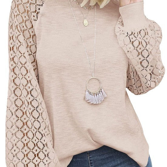 new cross-border  autumn/winter round neck long sleeve lace patchwork loose top for women