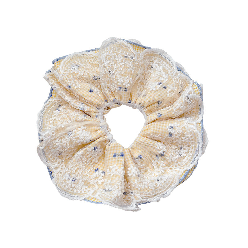 Large yellow floral plaid large intestine hair tie for women 2026new arrival ball hair rope forest style sweet ponytail hair rope