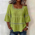 cross-border  summer solid color casual square neck cotton linen lace trimmed three-quarter sleeve top for women