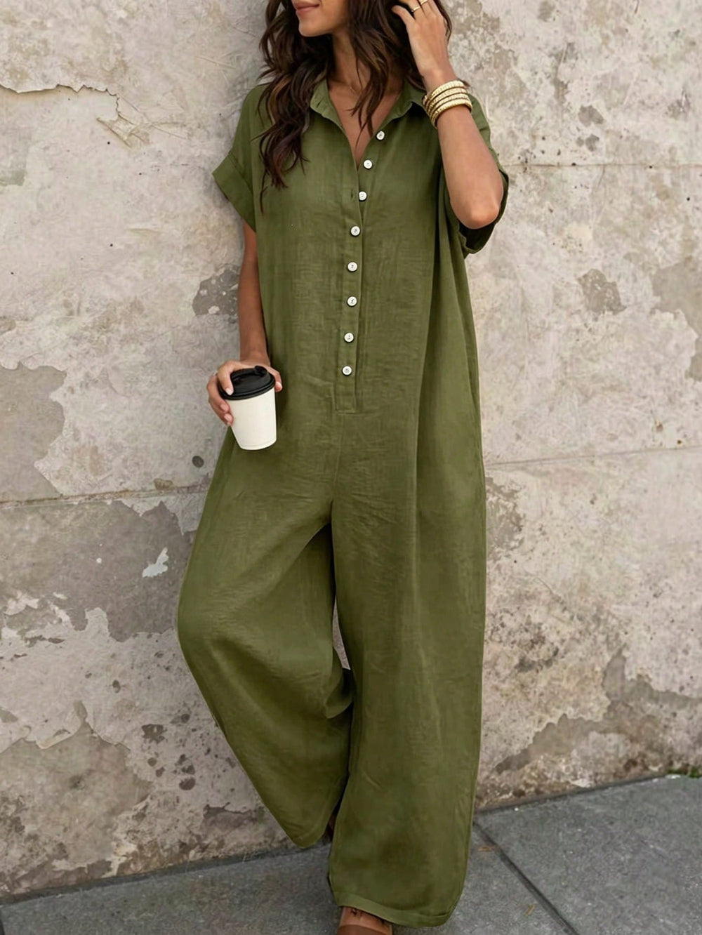 Independent station fashion cross-border  summercasualelegantwork clothingpure colorshirt button loose short-sleeved jumpsuit