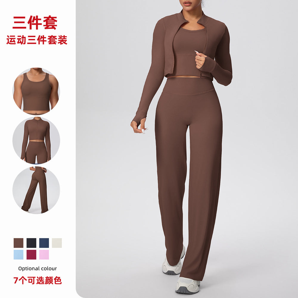 pure color brushed tight high-elastic vest wide-leg long three-piece set sports running fitness yoga suit