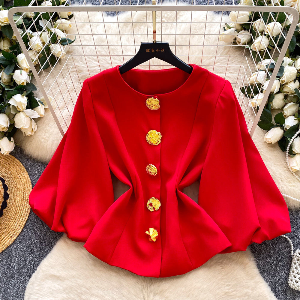 Retro style round neck woolenoutwear women's medium longwoolen metal button waist elegantwork clothing light mature style coat