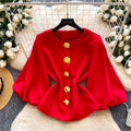 Retro style round neck woolenoutwear women's medium longwoolen metal button waist elegantwork clothing light mature style coat