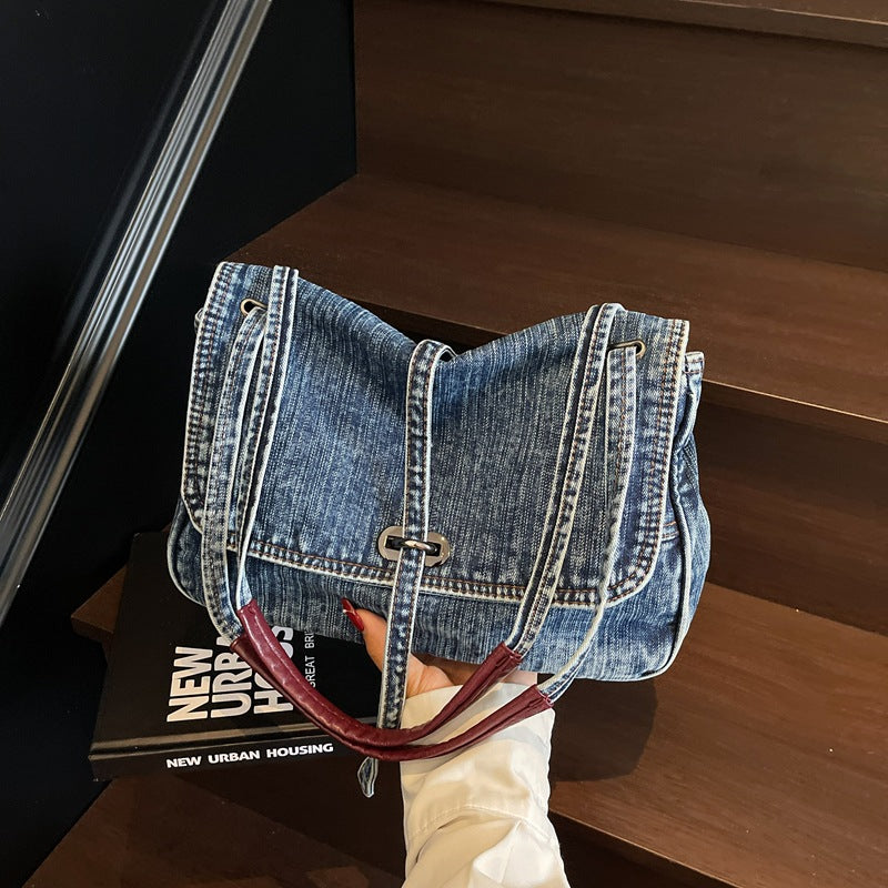 Cross-border niche retro commuter tote bag women's 2025 summer new trendy denim casual shoulder messenger bag