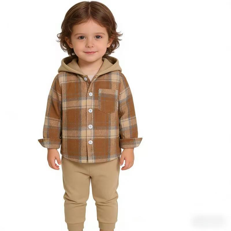 Spring new arrivals: kids' spring outfit set - children's spring clothing, export-quality casual hoodie, long-sleeve plaid shirt, boys' shirt