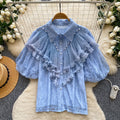 Palace style heavy industry beading lacepatchworkrufflesshirt women's summeraccessible luxury socialite age-reducing eleganttops