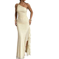 Women's summer romantic elegant metallic buckle detail slit ruffle asymmetrical shoulder maxi dress