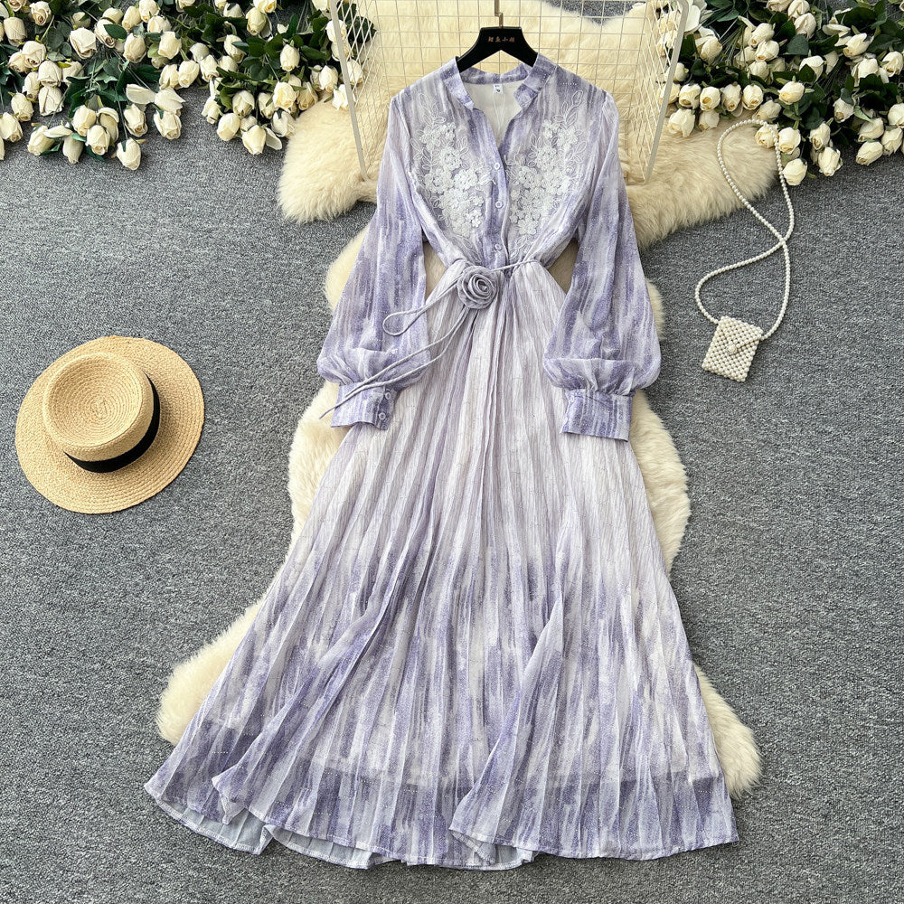 French romantic lantern sleeve printed dress - women's summer a-line maxi dress with cinched waist and tie detail - high-end and elegant