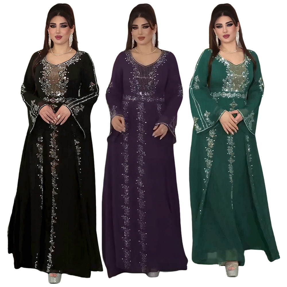European and american  elegance long dress evening dress heavy industry hot diamond cross-border clothing women's large size dress
