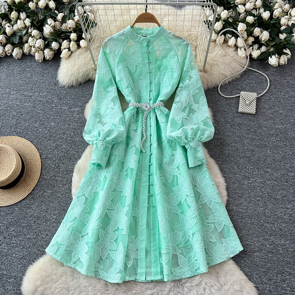 French retro court style heavy embroidered hollow-out round neck single-breasted lantern sleeve tie-waist elegant dress