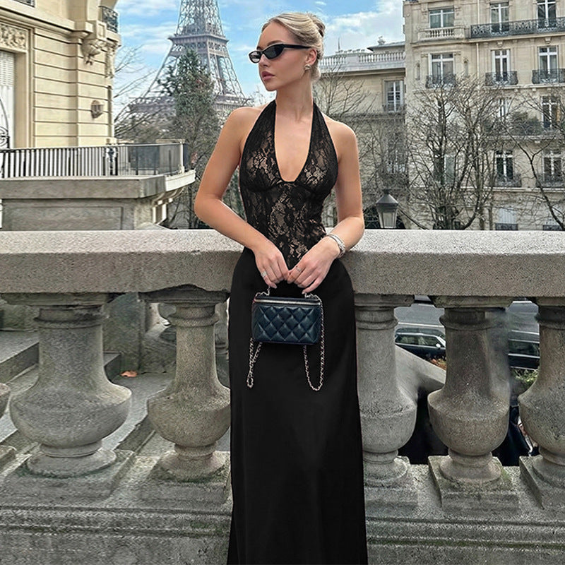 European and american women's clothing  winter new fashion deep v lace patchwork hollow-out waist-defining backless halter dress