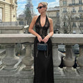 European and american women's clothing  winter new fashion deep v lace patchwork hollow-out waist-defining backless halter dress