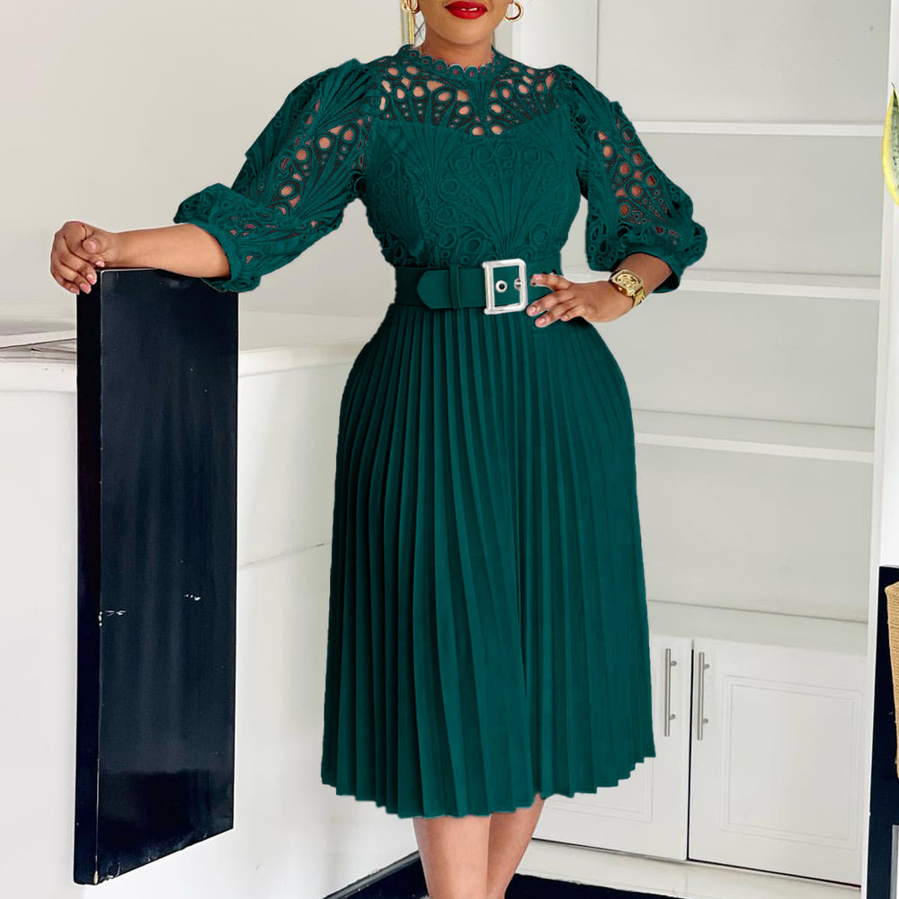 C8595 european and american export women's clothing  new arrival elegant solid color lace crochet hollow-out pleated cross-border dress