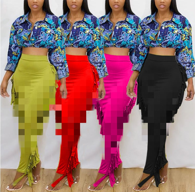 European and american export women's clothing:  casual sexy side-slit irregular tassel solid color butt-lifting midi skirt