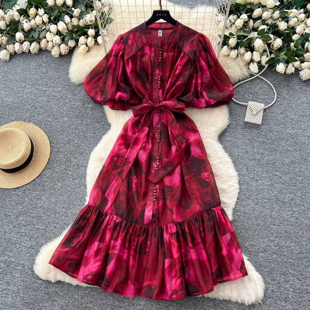 Accessible luxuryfashion styleclassy senseprinting puff sleevedressfemale summer strap waist royal sisterelegant large swing skirt