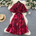 Accessible luxuryfashion styleclassy senseprinting puff sleevedressfemale summer strap waist royal sisterelegant large swing skirt