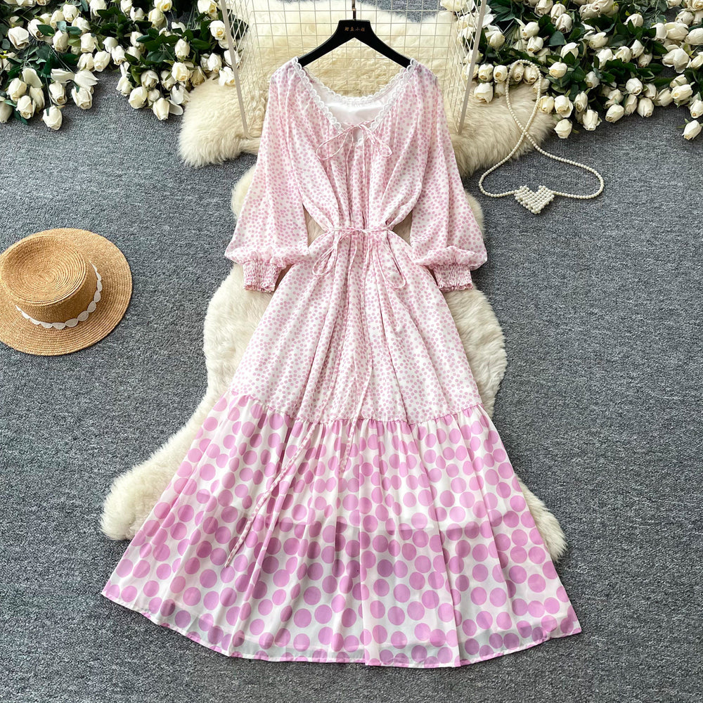 K-styleretro polka dot floral dress women's springlong sleevesv neck waist a-line skirtelegantslimming lookwork clothing skirt