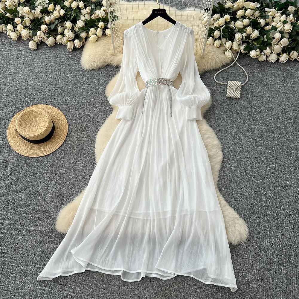French chic high-end v-neck lantern sleeve tie-waist flowy chiffon maxi dress - elegant women's long dress
