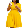 C8647 winter european and american sexy elegant turn-down collar waist-cinching suit dress, chic and stylish solid color plus size dress