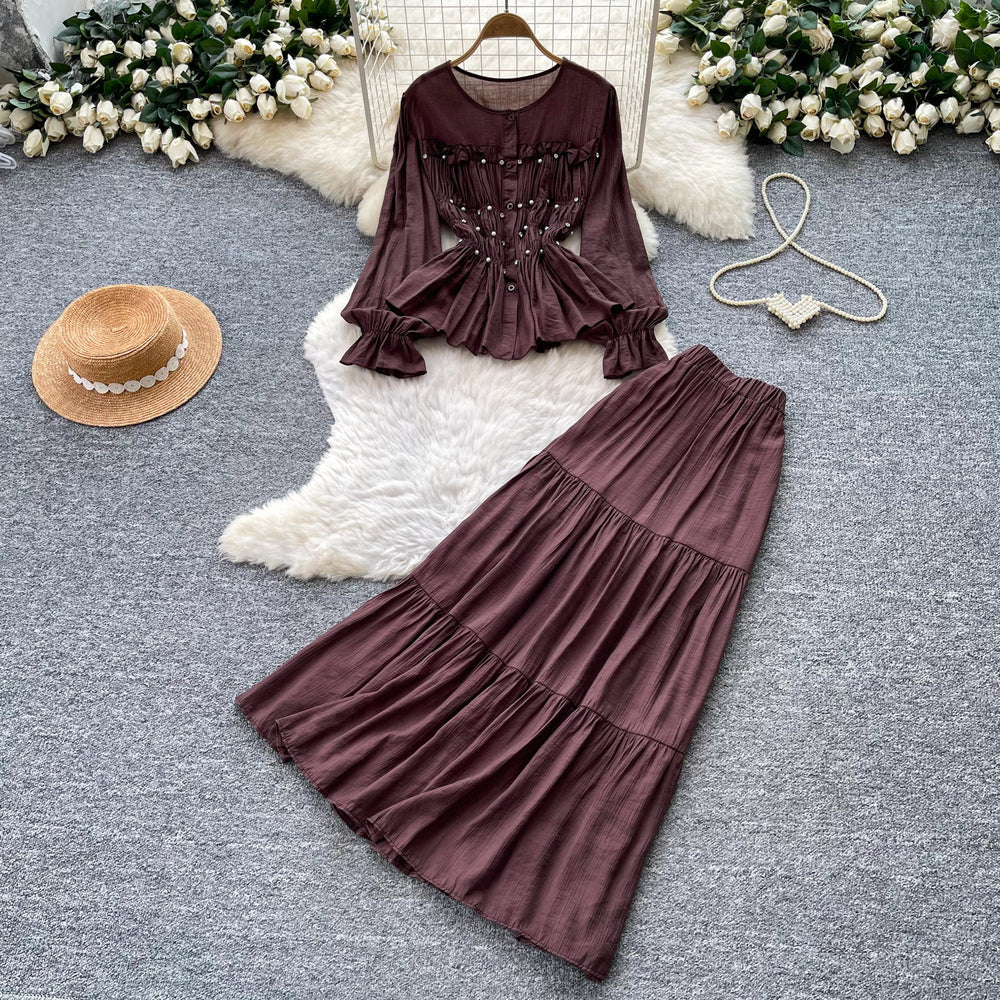 French chic slim-fit long sleeve shirt and midi skirt set - autumn workwear, figure-flattering, versatile two-piece