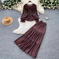 French chic slim-fit long sleeve shirt and midi skirt set - autumn workwear, figure-flattering, versatile two-piece