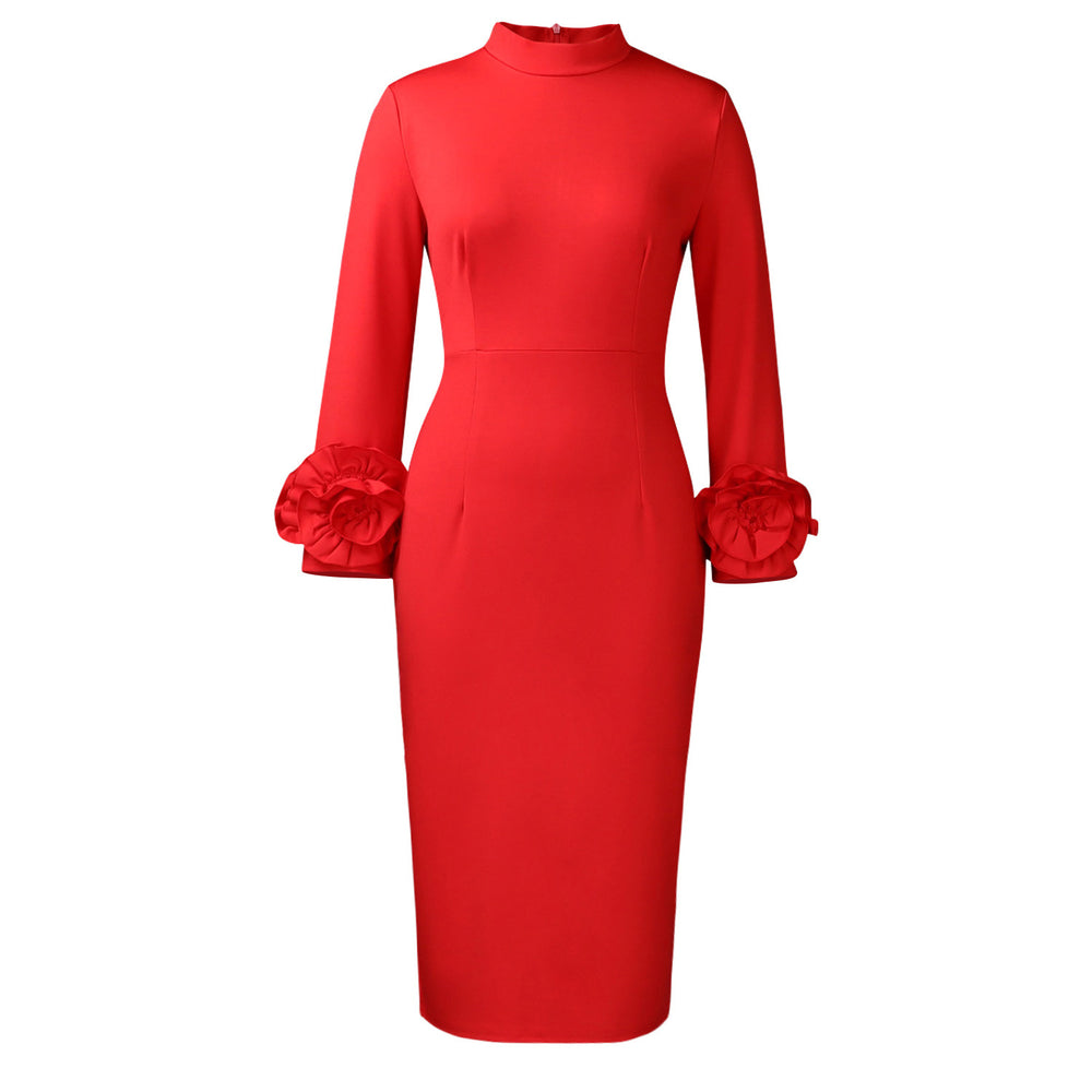 C8638 european and american cross-border half turtleneck elegant silm elegant ol long sleeve stereo flower foreign trade dress