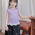 Girls' sleeveless lace-trimmed summer top,  new style: stylish sleeveless lace tank top with bow detail, versatile vest