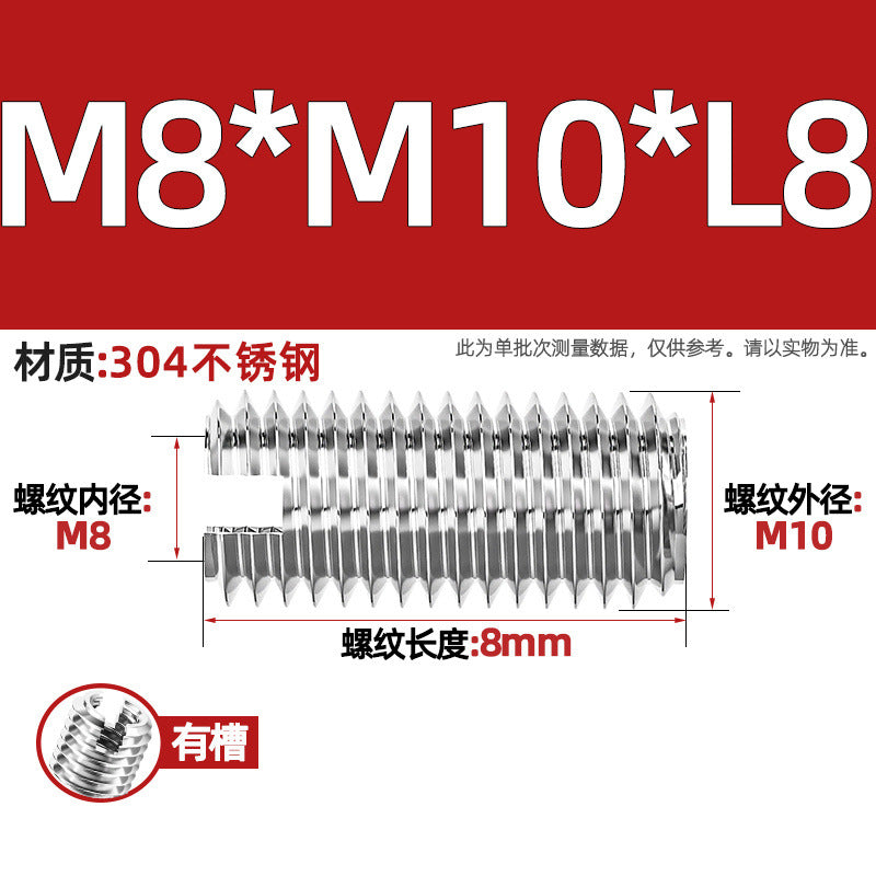 304 stainless steel inner and outer tooth nuts, thread conversion variable diameter braces, thread sheath, one-word slotted screw nuts