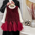 Girls' dress  winter collection: stylish and chic red fleece-lined vest dress, warm long-sleeve set