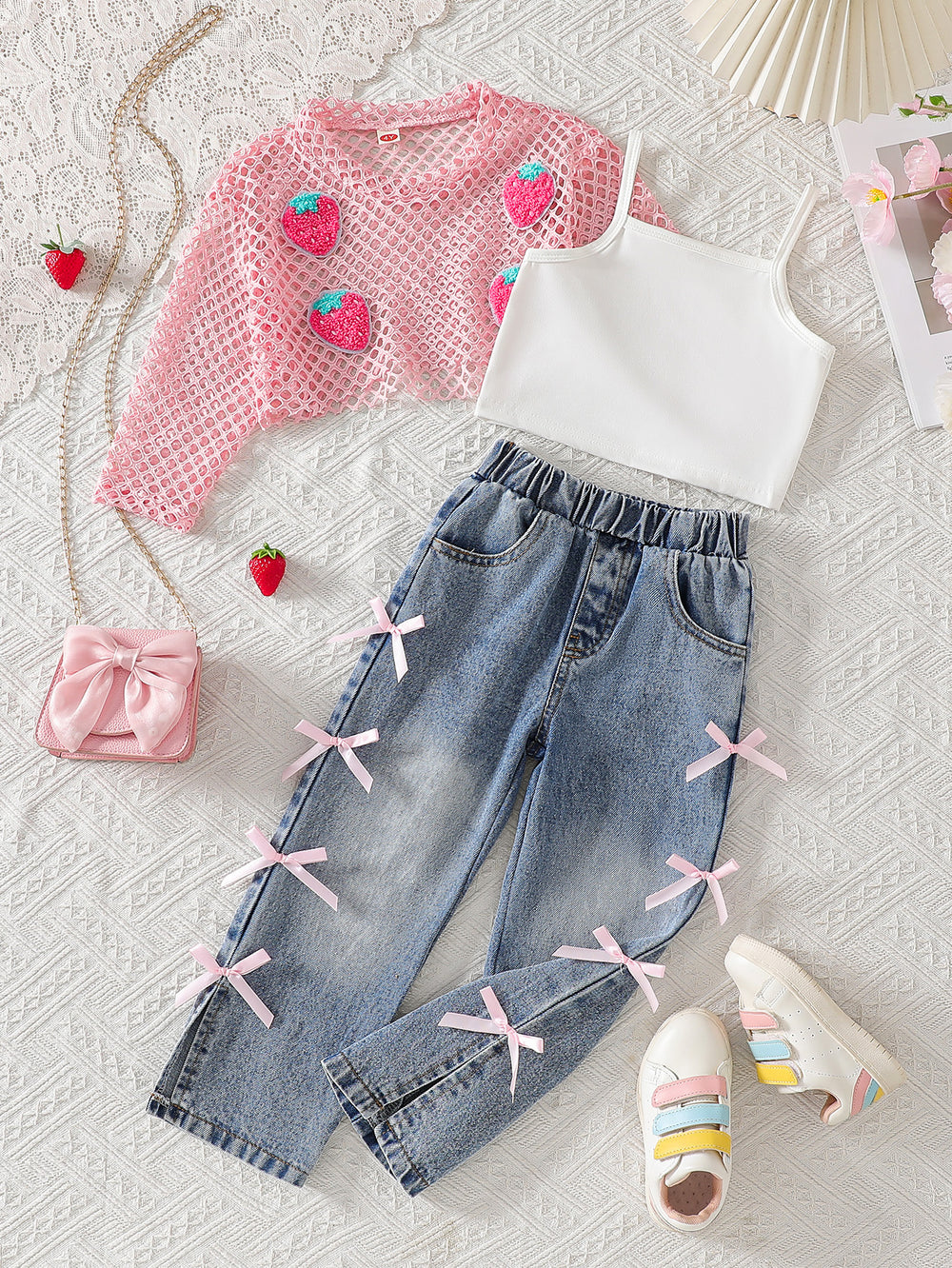 spring/summer new european and american style girls' hollow-out cardigan, solid color camisole + bowknot denim jeans three-piece set