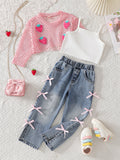 spring/summer new european and american style girls' hollow-out cardigan, solid color camisole + bowknot denim jeans three-piece set