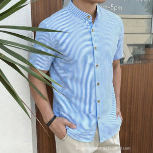 youth stand collar short-sleeve shirt - summer casual stylish striped shirt for men - trendy new summer collection
