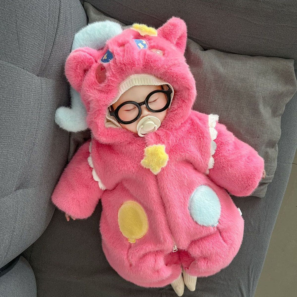 Baby cartoon clothes winterthickenedheattech jumpsuit baby winter clothes super cute rompersfleece-lined haki rompers
