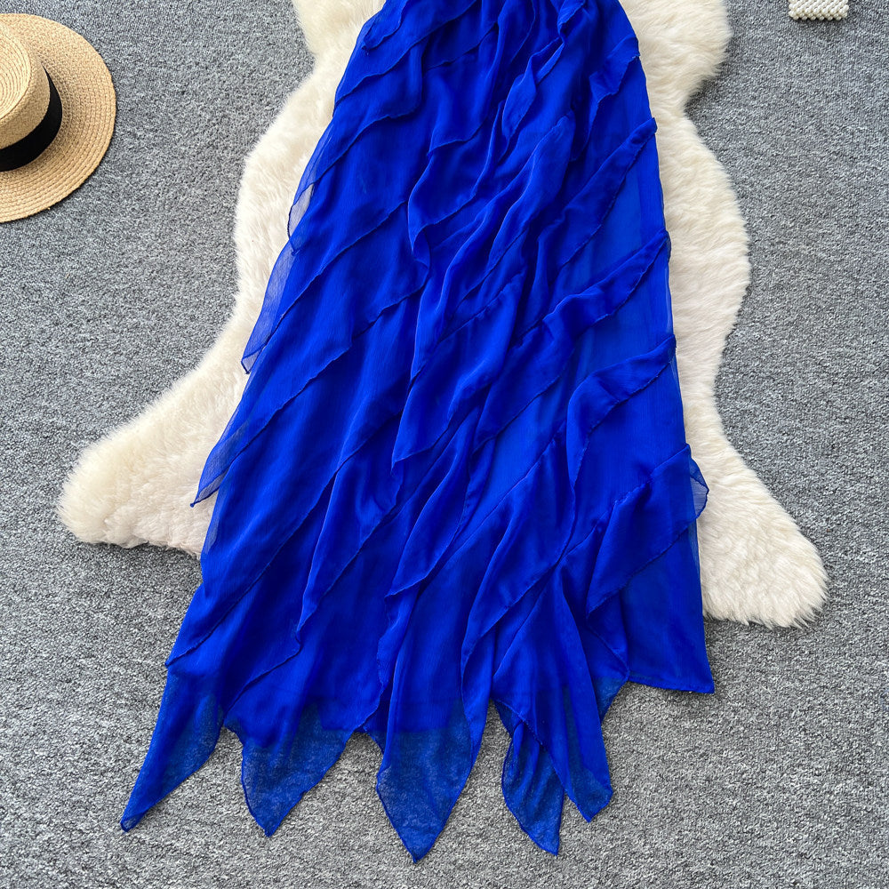 Vacation style haltersexy big backlessdress women's summer blue ruffles hot girl style long skirt slimming look fairy spirit