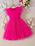 girls' summer mesh dress - pink round neck flutter sleeve star print tutu - cute kids' princess dress