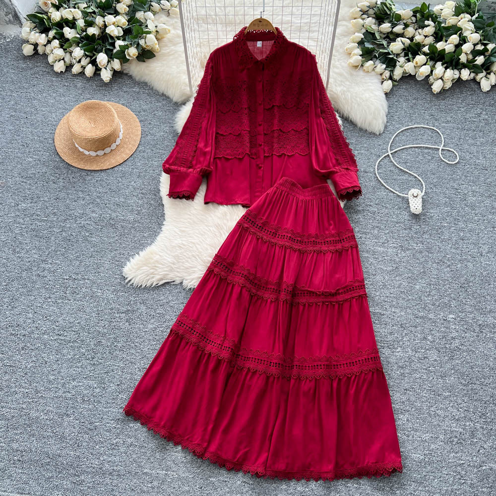 French court style hollow-out crochet mature woman's summer outfit: long-sleeved blouse & elastic waist long skirt set
