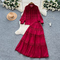 French court style hollow-out crochet mature woman's summer outfit: long-sleeved blouse & elastic waist long skirt set