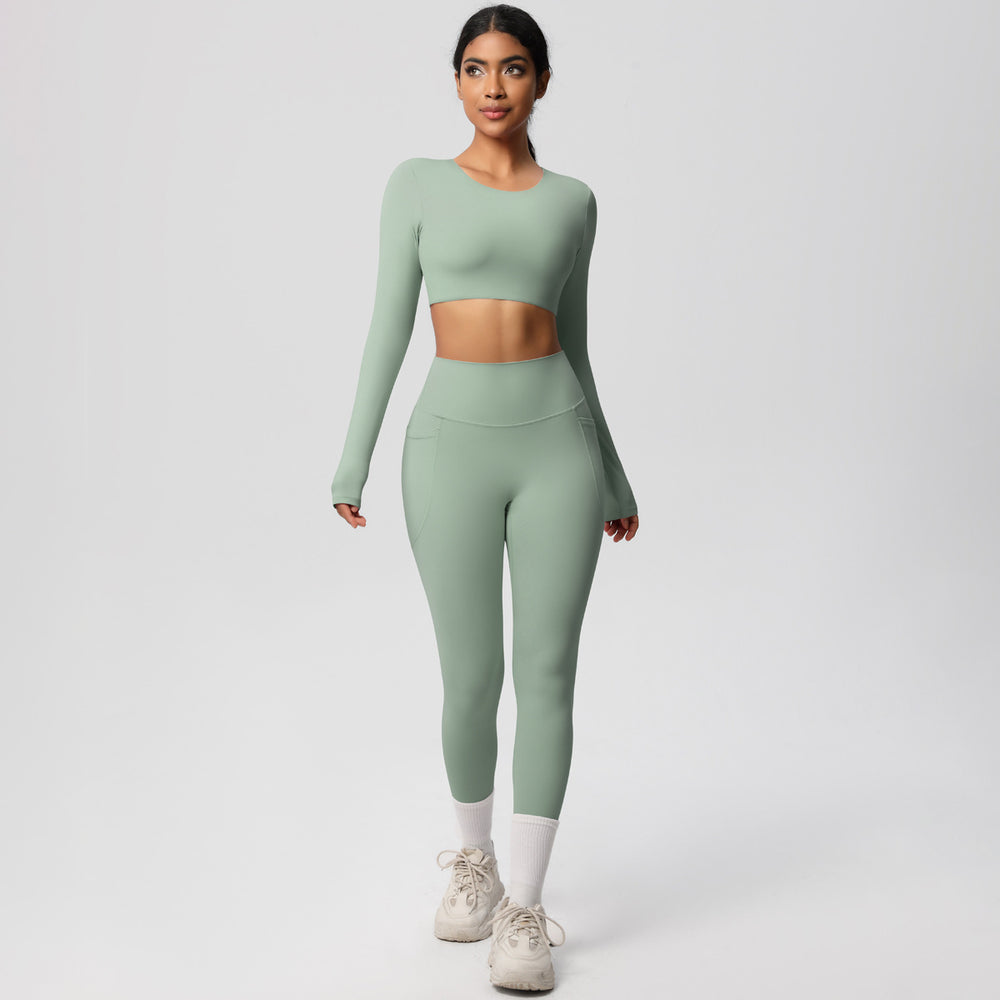 nude feeling tight high waistflap pocket pants crop toplong sleevestops yoga clothes quick-drying running sports fitness suit