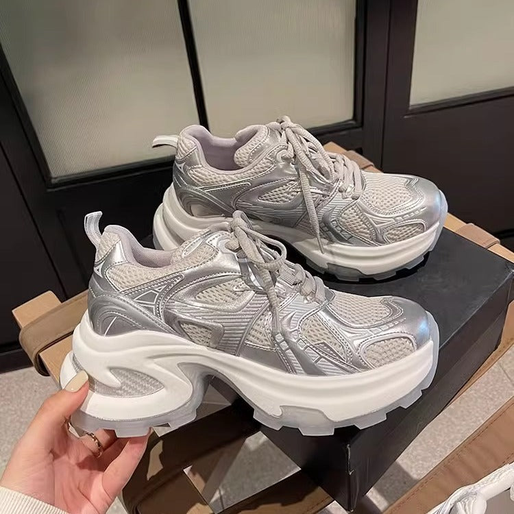 Women's chunky platform mesh breathable silver dad shoes - 2025 summer new fashion, height increasing, versatile casual sneakers