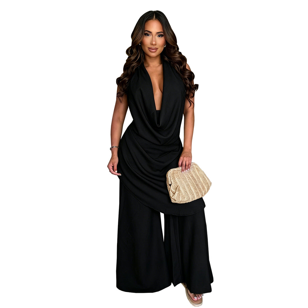 C7785 cross-border  new women's halter deep v-neck solid color loose drape wide-leg pants vacation casual set