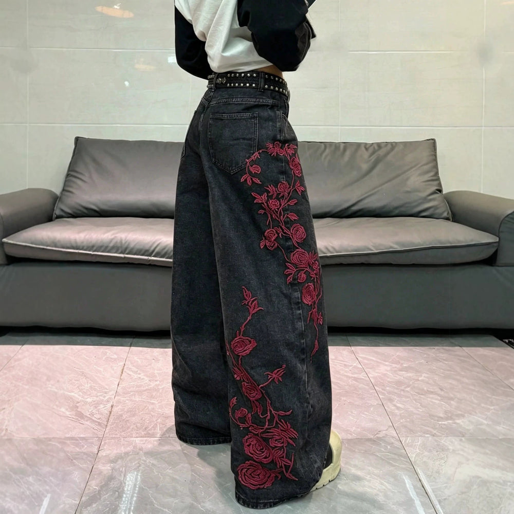 European and american style women's black and grey distressed rose embroidered wide leg jeans - vintage high street loose fit denim trousers