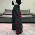 European and american style women's black and grey distressed rose embroidered wide leg jeans - vintage high street loose fit denim trousers