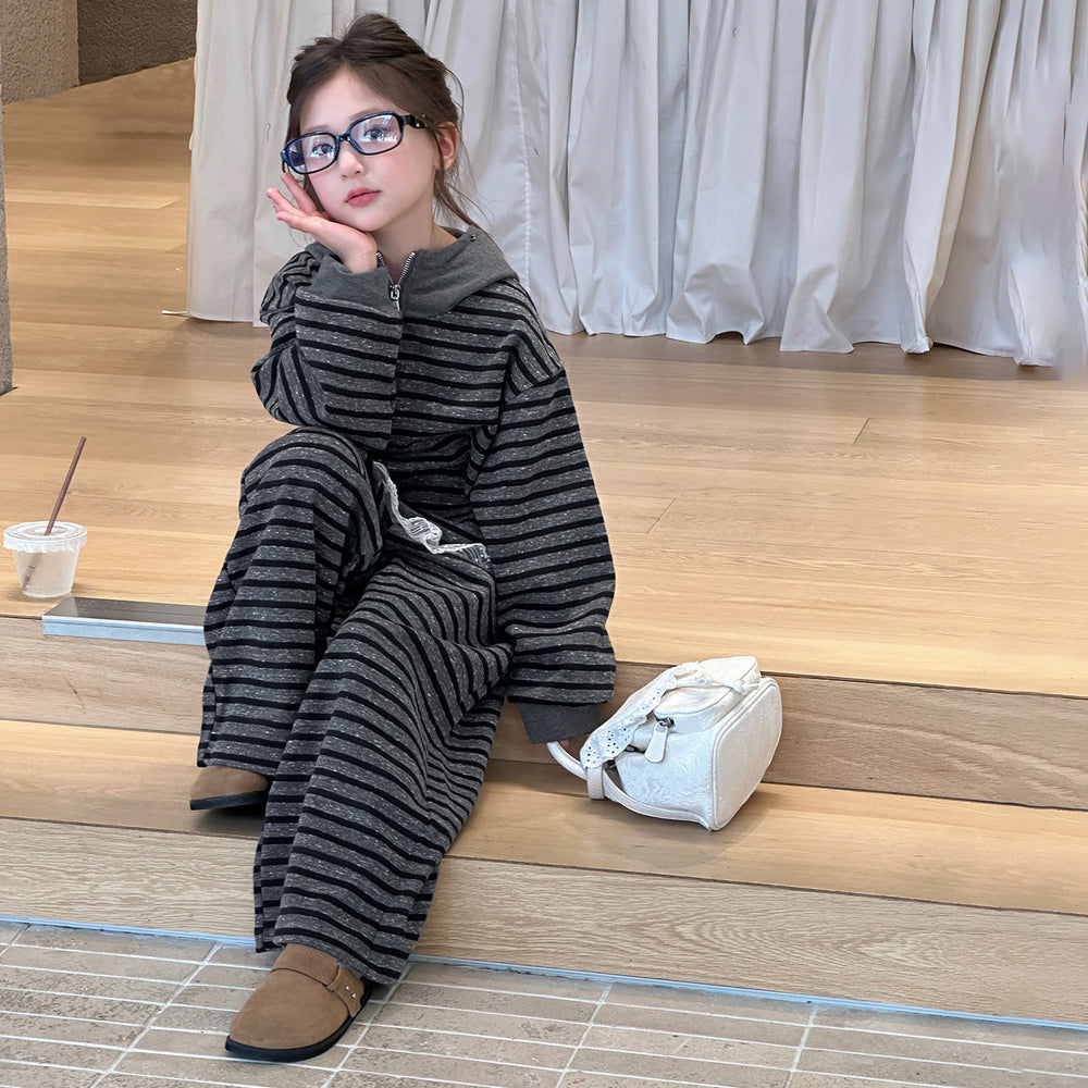 Girls' outfit set:  spring/autumn new korean style striped hoodie and wide-leg pants two-piece casual trendy set for mid-to-large children