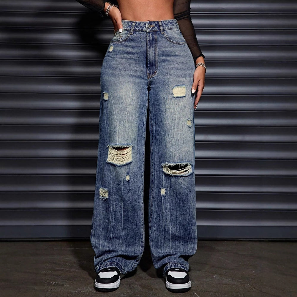 Pre-sale-65700  cross-border foreign trade women's fashion casual loose straight-leg ripped denim pants