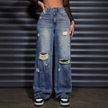 Pre-sale-65700  cross-border foreign trade women's fashion casual loose straight-leg ripped denim pants