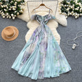 One shoulder rufflespatchwork waist dress women's summer seaside vacation style scheming off-shoulder suspender long skirt