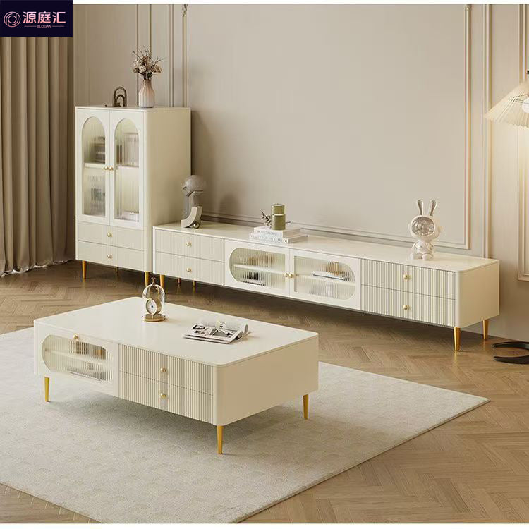 Solid wood coffee table tv cabinet french cream style for home living room floor-standing coffee table tv cabinet modern normcore style side cabinet