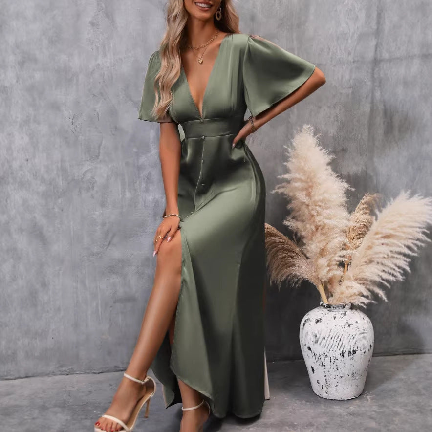 european and american cross-border summer new women's elegant twist knot slit dress