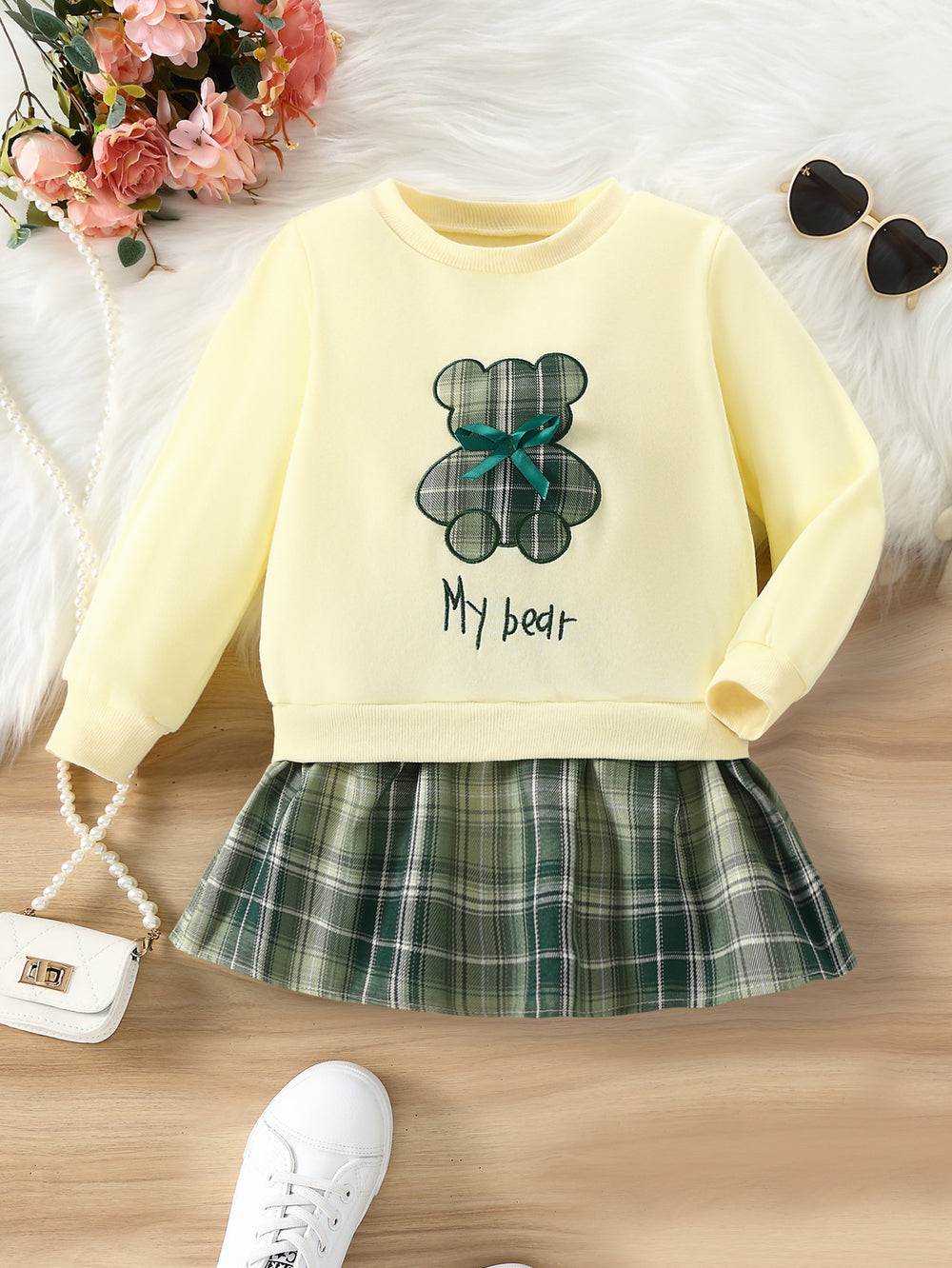 girls' sweatshirt - autumn long sleeve light yellow top - cute bear print - kids' crew neck korean style pullover