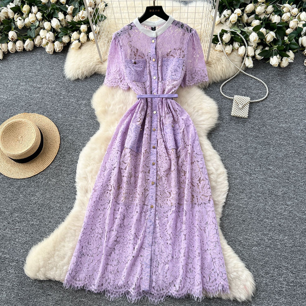 French high-end women's dress -  summer collection: chanel-inspired, cinched waist, single-breasted, elegant lace maxi dress